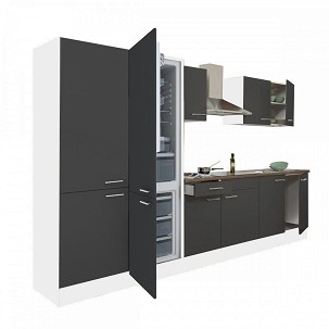 Yorki 330 kitchen furniture with white body, satin anthracite front, shelf cabinet and bottom freezer refrigerator