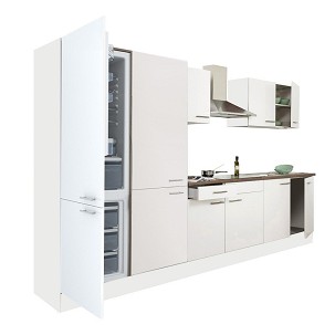 Yorki 330 kitchen furniture, white body, satin white front, shelf cabinet and bottom freezer refrigerator