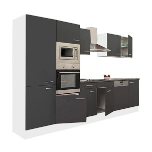 Yorki 340 kitchen furniture, white body, satin anthracite front, with shelf cabinet