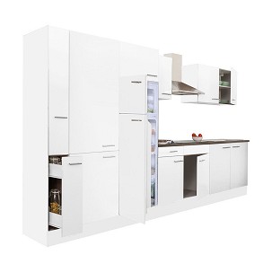 Yorki 360 kitchen furniture with white body, satin white front, shelf cabinet and top-freezer refrigerator