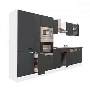 Yorki 370 kitchen furniture, white body, satin anthracite front, with shelf cabinet