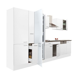 Yorki 370 kitchen furniture, white body, satin white front, shelf cabinet and bottom freezer refrigerator