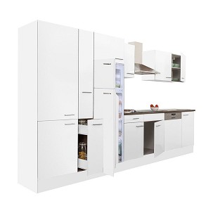Yorki 370 kitchen furniture, white body, satin white front, shelf cabinet and top-freezer refrigerator