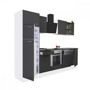 Yorki 280 kitchen furniture, white body, satin anthracite front, bottom oven element, top freezer refrigerator