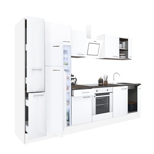 Yorki 300 kitchen furniture, white body, satin white front, bottom oven element, top freezer refrigerator