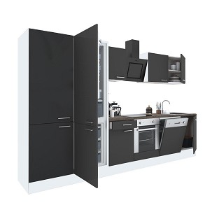 Yorki 330 kitchen furniture, white body, satin anthracite front, lower oven element, shelf cabinet and bottom freezer refrigerator