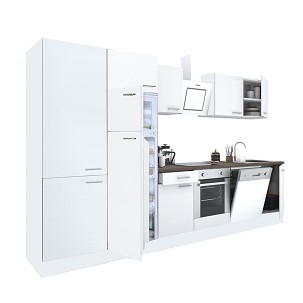 Yorki 340 kitchen furniture, white body, satin white front with lower oven element, shelf cabinet and top-freezer refrigerator