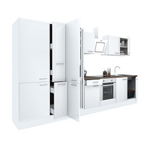 Yorki 360 kitchen furniture, white body, satin white front with lower oven element, shelf cabinet and bottom freezer refrigerator