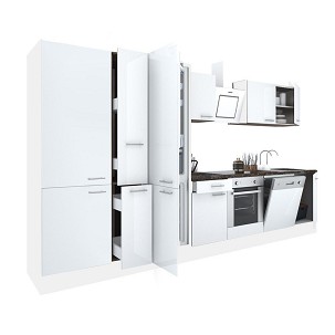 Yorki 370 kitchen furniture, white body, satin white front with lower oven element, shelf cabinet and bottom freezer refrigerator