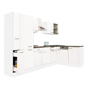Yorki 310 corner kitchen furniture, white body, satin white front, with shelf cabinet