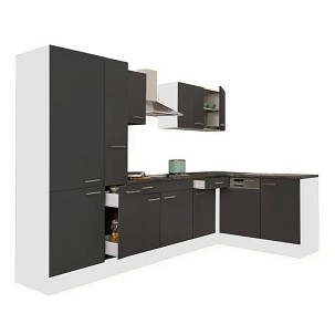 Yorki 310 corner kitchen furniture, white body, satin anthracite front, with shelf cabinet