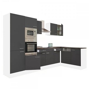 Yorki 340 corner kitchen furniture, white body, satin anthracite front, with shelf cabinet