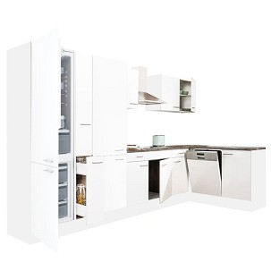 Yorki 370 corner kitchen cabinet with white body, satin white front, shelf cabinet and bottom freezer refrigerator