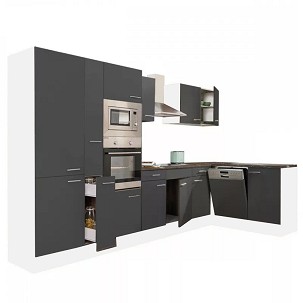 Yorki 370 corner kitchen furniture, white body, satin anthracite front, with shelf cabinet