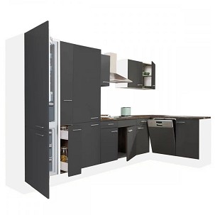 Yorki 370 corner kitchen cabinet with white body, satin anthracite front, shelf cabinet and bottom freezer refrigerator