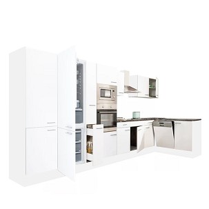 Yorki 430 corner kitchen furniture, white body, satin white front, with undermount refrigerator