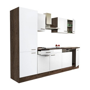 Yorki 280 kitchen furniture, Yorki oak body, satin white front, shelf cabinet