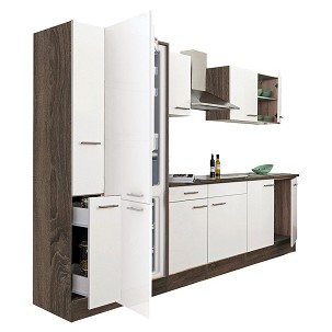 Yorki 300 kitchen furniture, Yorki oak body, satin white front, bottom freezer refrigerator