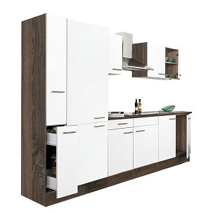 Yorki 300 kitchen furniture, Yorki oak body, satin white front, shelf cabinet
