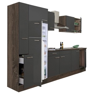 Yorki 300 kitchen furniture, Yorki oak body, satin anthracite front, top-freezing refrigerator