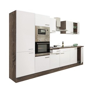 Yorki 330 kitchen furniture, Yorki oak body, satin white front, shelf cabinet