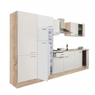 Yorki 330 kitchen furniture with sonoma oak body, satin white front, shelf cabinet and top-freezer refrigerator