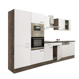 Yorki 340 kitchen furniture, Yorki oak body, satin white front, shelf cabinet