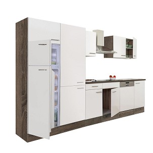 Yorki 340 kitchen furniture, Yorki oak body, satin white front, shelf cabinet and top-freezer refrigerator.