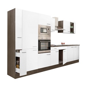 Yorki 360 kitchen furniture, Yorki oak body, satin white front, shelf cabinet