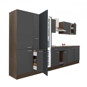 Yorki 360 kitchen furniture with Yorki oak body, satin anthracite front, shelf cabinet and bottom freezer refrigerator