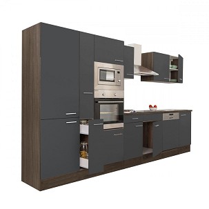 Yorki 370 kitchen furniture, Yorki oak body, satin anthracite front, with shelf cabinet