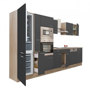 Yorki 370 kitchen furniture, sonoma oak body, satin anthracite front, bottom freezer refrigerator