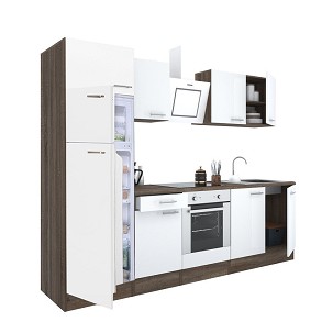 Yorki 270 kitchen furniture, Yorki oak body, satin white front, bottom oven element, top freezer refrigerator