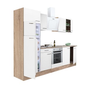 Yorki 270 kitchen furniture, sonoma oak body, satin white front, bottom oven element, top freezer refrigerator