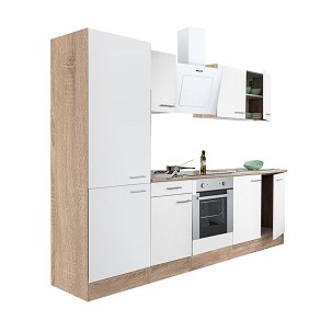 Yorki 270 kitchen furniture, sonoma oak body, satin white front with lower oven element, shelf cabinet