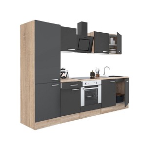 Yorki 270 kitchen furniture, sonoma oak body, satin anthracite front, lower oven element, shelf cabinet
