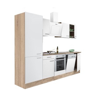 Yorki 280 kitchen furniture, sonoma oak body, satin white front with lower oven element, shelf cabinet