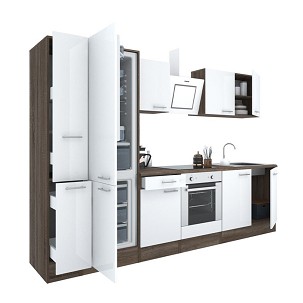 Yorki 300 kitchen furniture, Yorki oak body, satin white front, bottom oven element, bottom freezer refrigerator