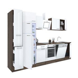 Yorki 310 kitchen furniture, Yorki oak body, satin white front, bottom oven element, top freezer refrigerator