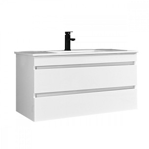 Cube 100 bathroom vanity unit with ceramic sink, 2 drawers, high-gloss painted white