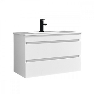Cube 80 bathroom vanity unit with ceramic sink, 2 drawers, high-gloss painted white