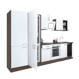 Yorki 330 kitchen furniture, Yorki oak body, satin white front with lower oven element, shelf cabinet and bottom freezer refrigerator.