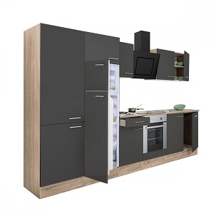 Yorki 330 kitchen furniture, sonoma oak body, satin anthracite front with lower oven element, shelf cabinet and top-freezer refrigerator.