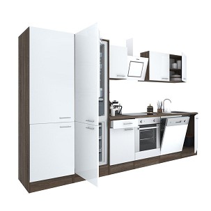 Yorki 340 kitchen furniture, Yorki oak body, satin white front with lower oven element, shelf cabinet and bottom freezer refrigerator.