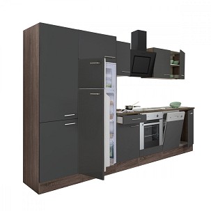 Yorki 340 kitchen furniture, Yorki oak body, satin anthracite front with lower oven element, shelf cabinet and top-freezer refrigerator.