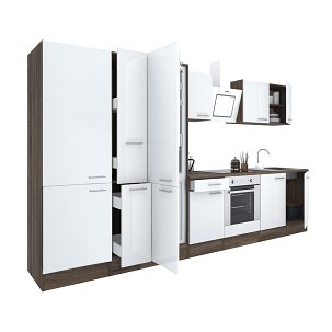 Yorki 360 kitchen furniture, Yorki oak body, satin white front with lower oven element, shelf cabinet and bottom freezer refrigerator.