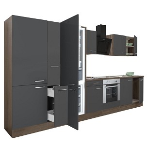 Yorki 360 kitchen furniture, Yorki oak body, satin anthracite front with lower oven element, shelf cabinet and bottom freezer refrigerator.