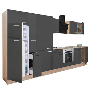 Yorki 360 kitchen furniture, sonoma oak body, satin anthracite front, lower oven element, shelf cabinet and top-freezer refrigerator.