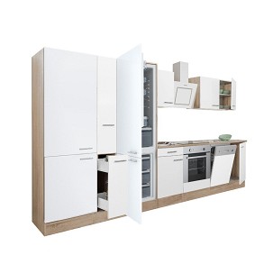 Yorki 370 kitchen furniture, sonoma oak body, satin white front with lower oven element, shelf cabinet and bottom freezer refrigerator