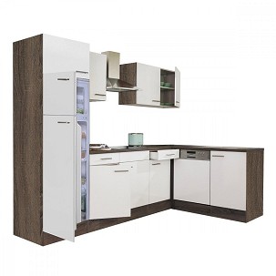 Yorki 280 corner kitchen furniture, Yorki oak body, satin white front, top-freezer refrigerator
